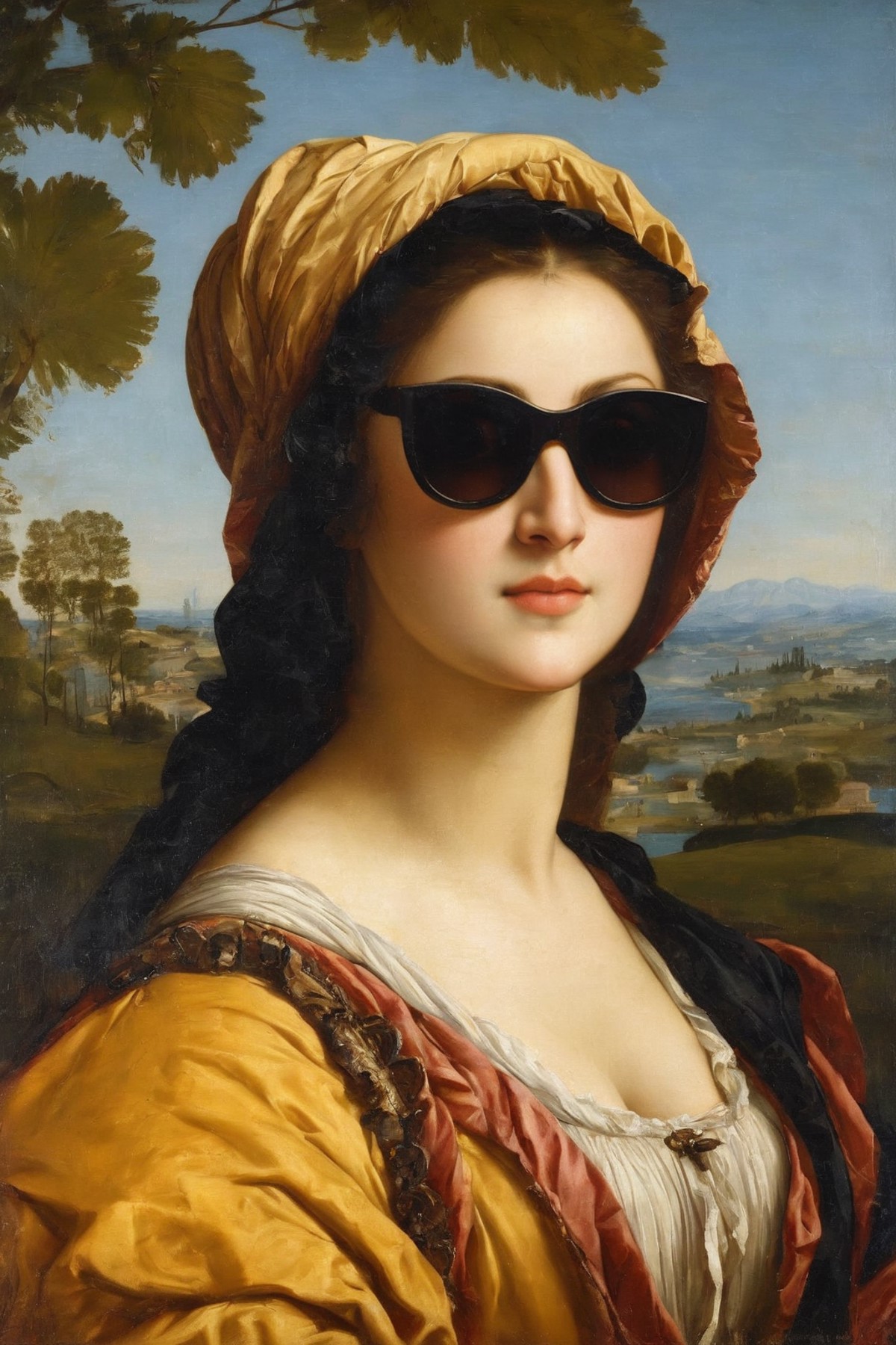 ((Masterpiece, best quality)),beautiful colors, sharp contrast,
renaissance, a woman in sunglasses posing for a picture ,p...